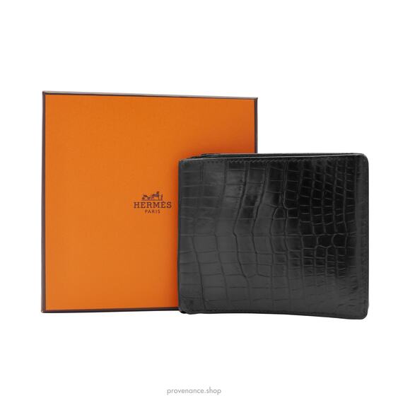 🔴 Hermes MC2 Bifold Wallet - Black Niloticus Crocodile Leather - Picture 1 of 14